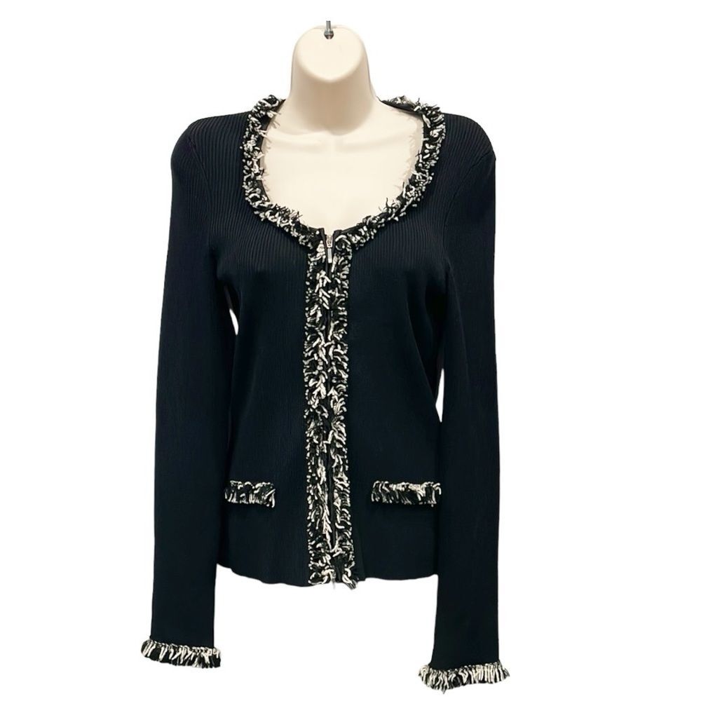 Vintage Cache Full zip Cardigan 90s Y2K Women Sz M Fringe‎ Rib Knit Black Zip
